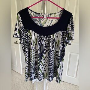 Dressbarn Navy, White, and Green Abstract Blouse